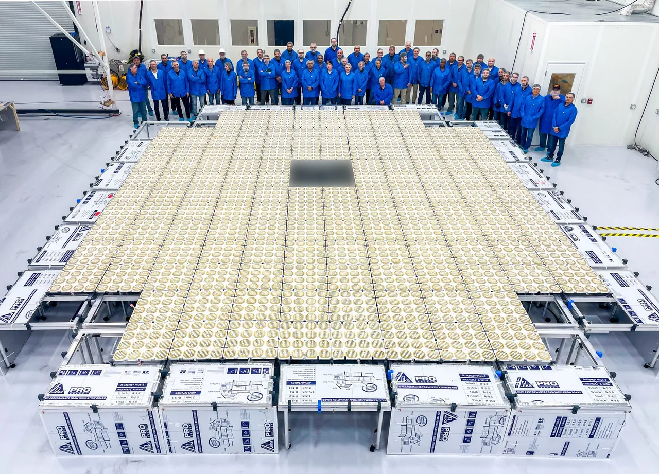 Equipo de AST SpaceMobile junto a la gran antena desplegada de BlueWalker 3 en una instalación de ensamblaje.
